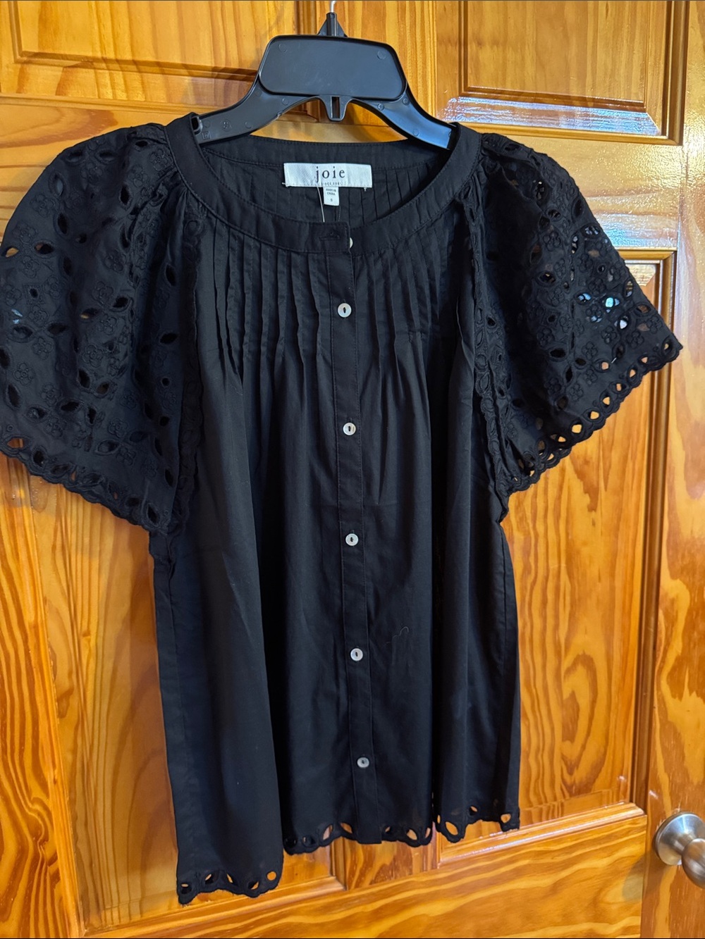 Joie Black Eyelet Sleeve Pintuck Button-Front Blouse